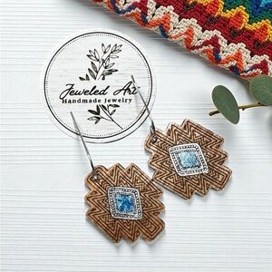JEWELED ART Hand Painted Aztec Diamond Wood Engraved Earrings